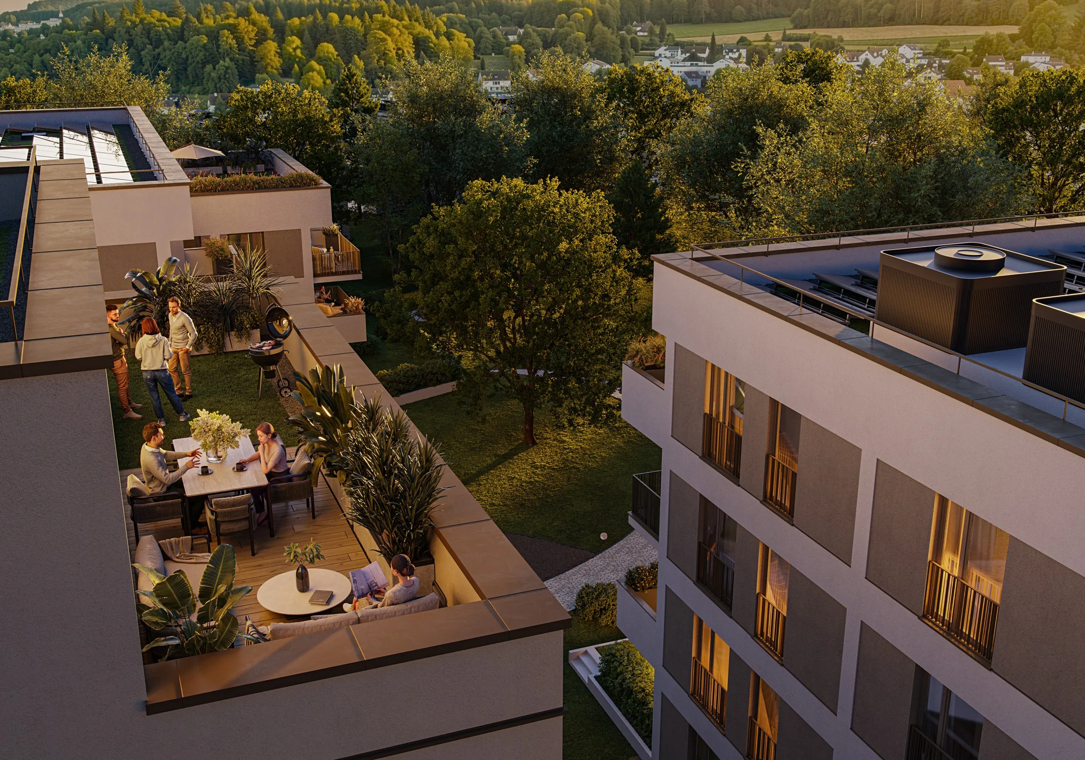 Visualisierung: Abendstimmung über den Dachterrassen des Quartiers