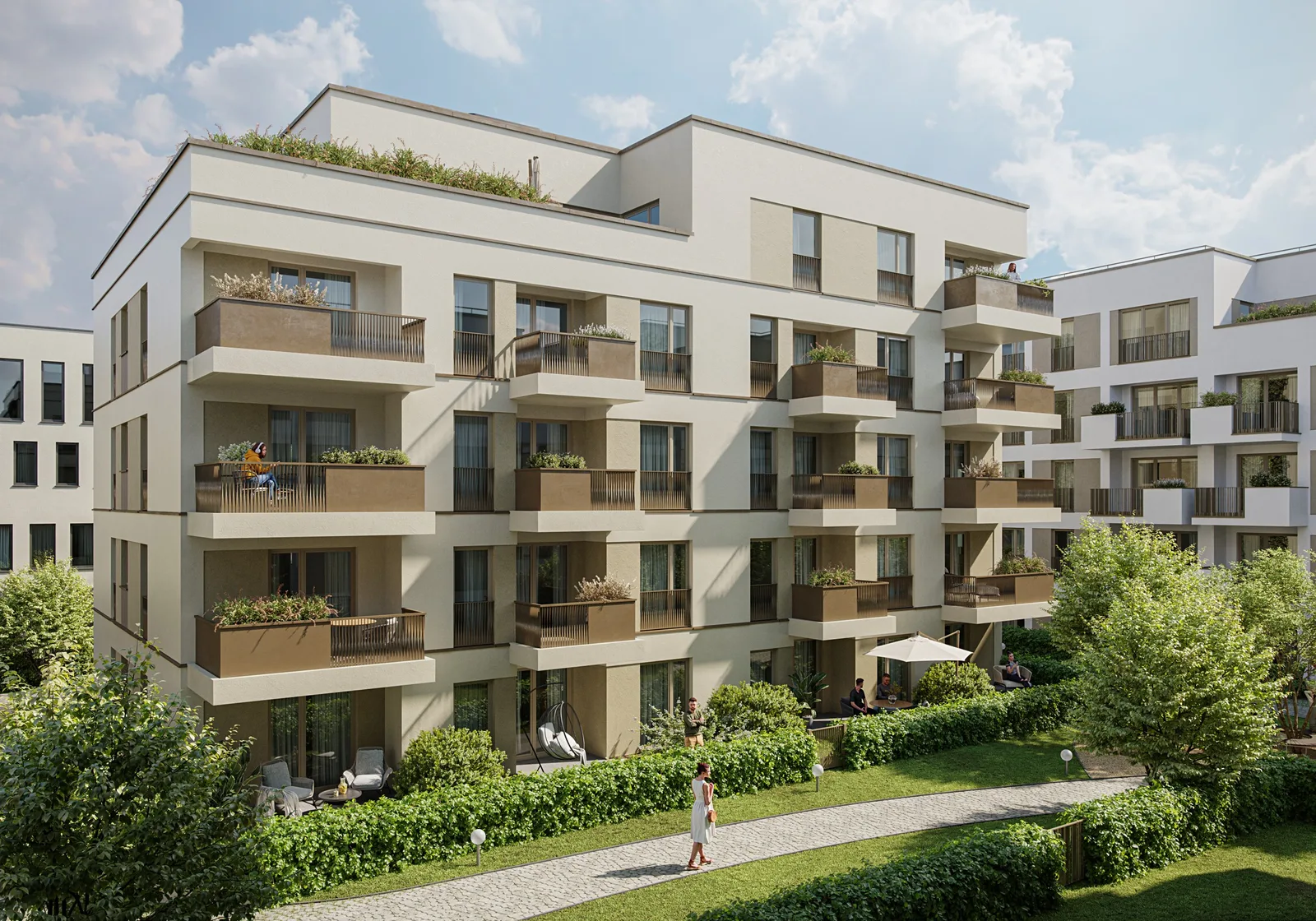 Gartenseite mit Balkonen und Dachterrassen