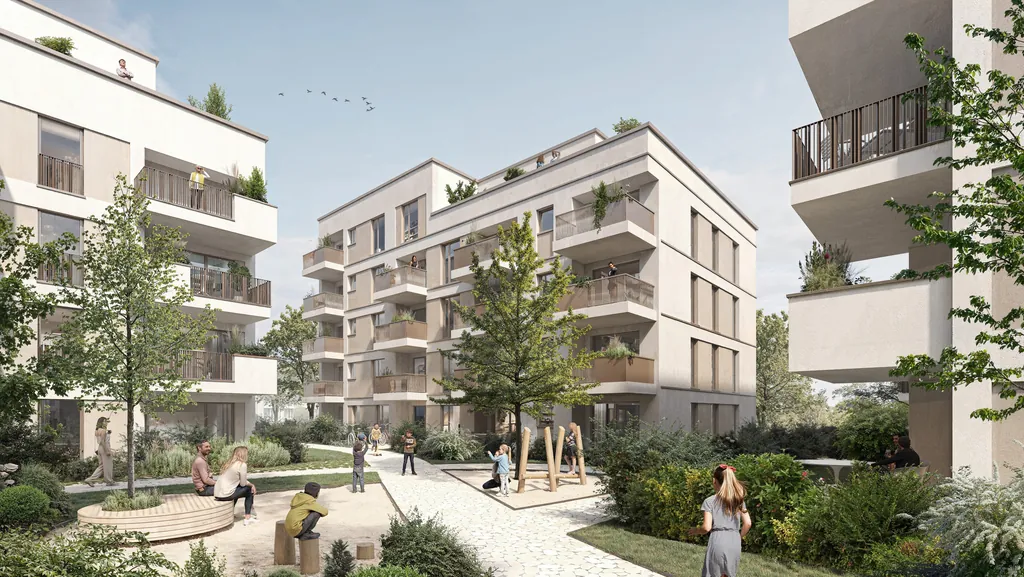 Visualisierung: begrünter Innenhof mit Spielbereich zwischen den Wohnhäusern