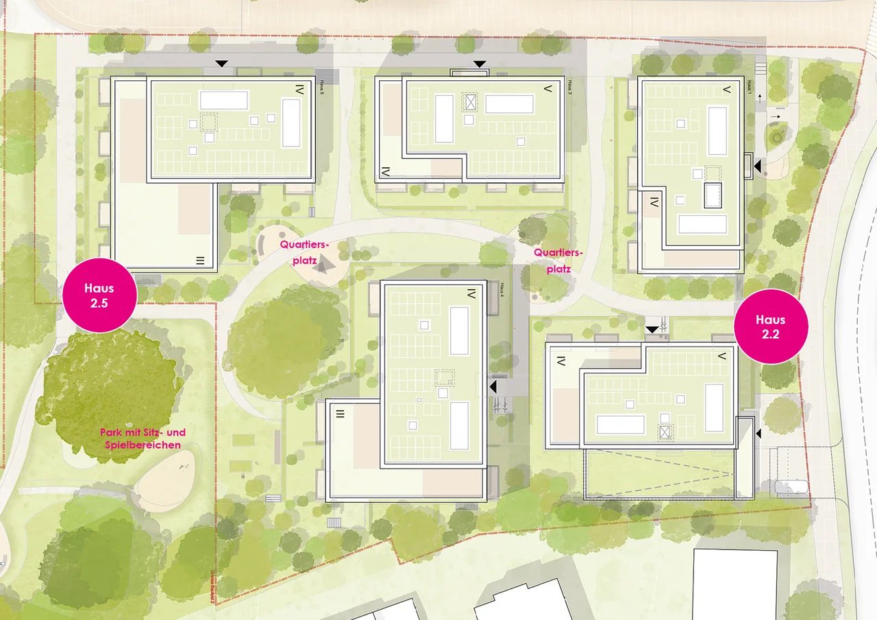 Lageplan Baufeld 2: fünf Wohnhäuser zwischen Quartiersplatz und Park