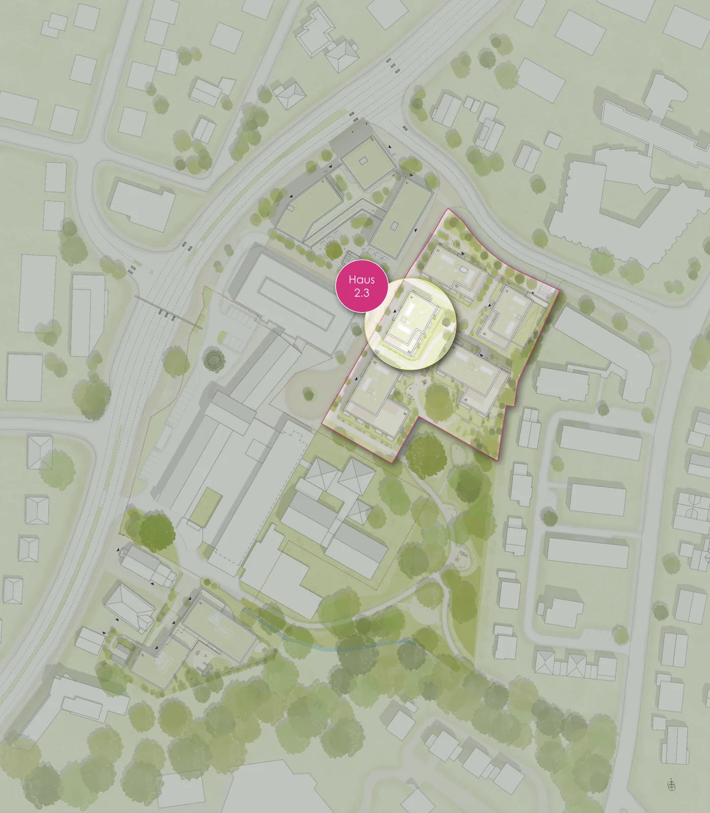 Lageplan des 14 Nothelfer Quartiers mit markiertem Baufeld 2 und Haus 2.3