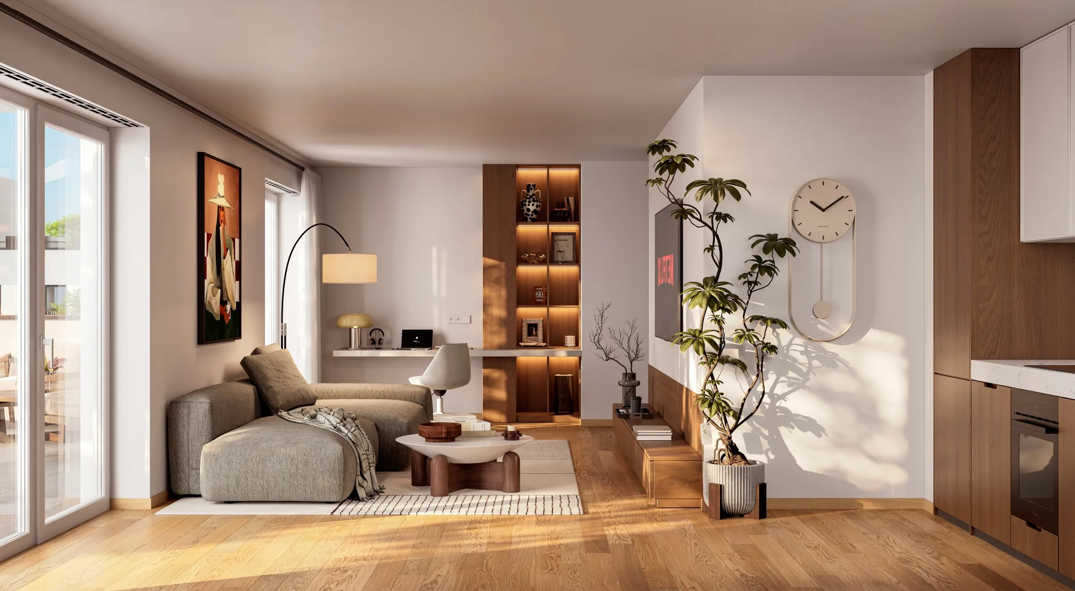 Visualisierung: gro&szlig;zügiger Wohn-, Ess- und Kochbereich
