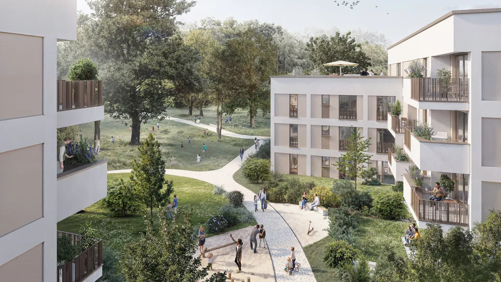 Visualisierung: Wohnhäuser am Park mit Wegen und Grünflächen